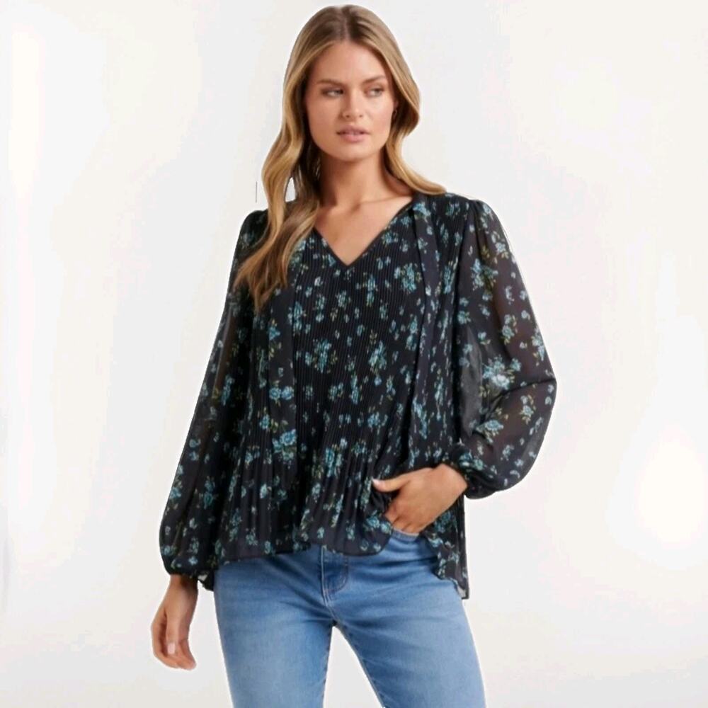 MNG Mango Womens 6 Pleated Floral Blouse Relaxed Necktie Black Cottage Romantic